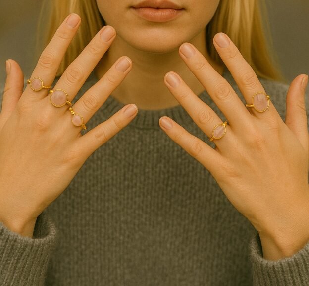 mains avec bagues quartz rose naturelle
