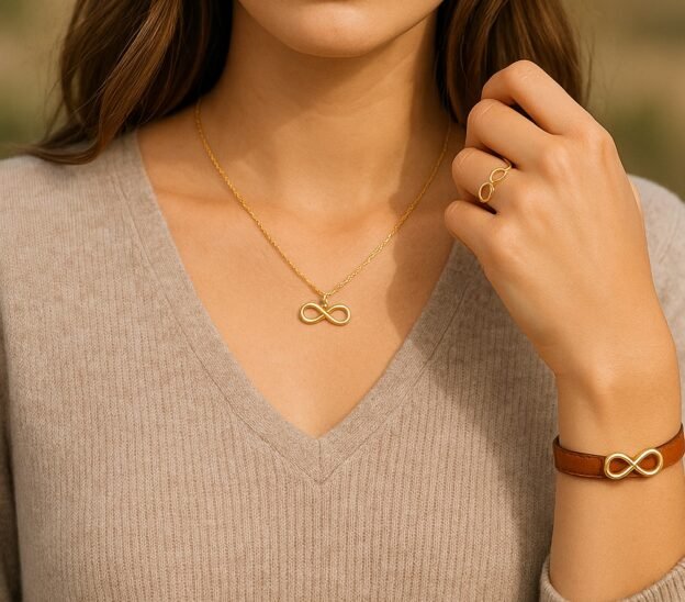 femme avec collier, bracelet et bague infini