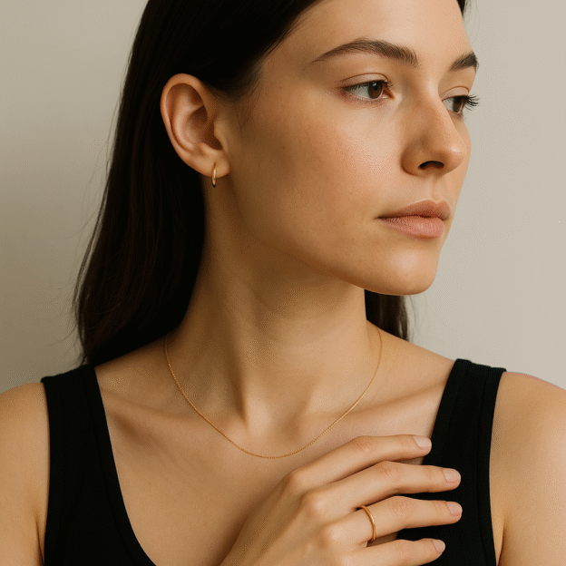femme avec bijoux minimalistes fins