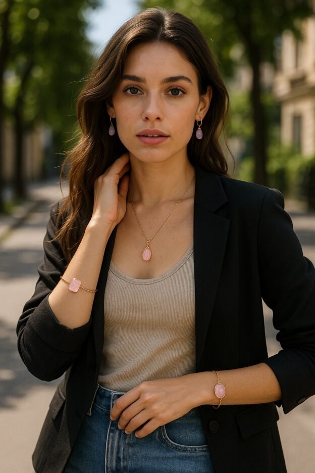 femme avec bijoux quartz rose