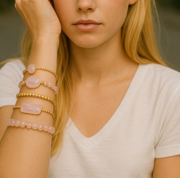 femme avec bracelets avec pierre naturelle quartz rose