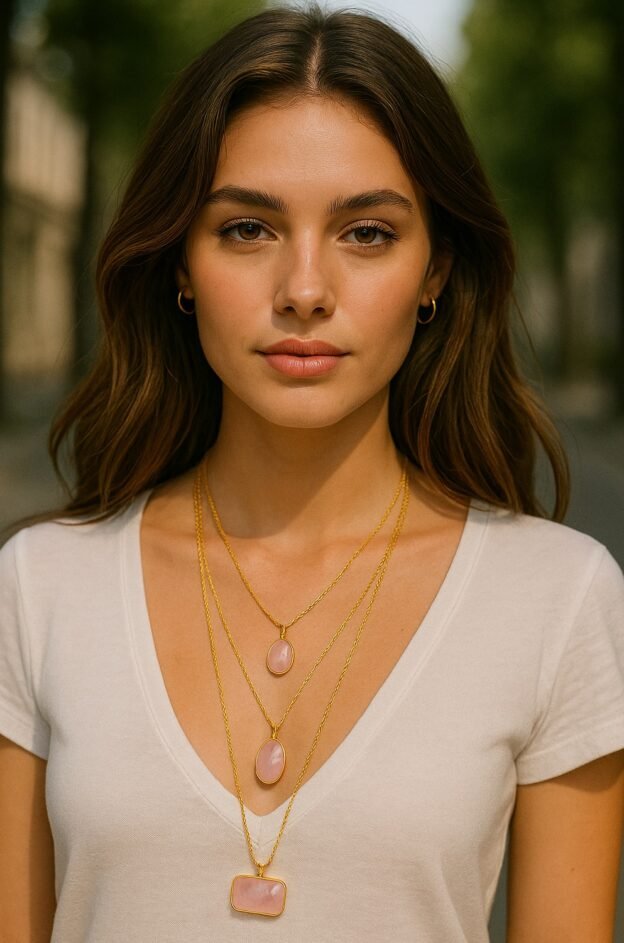 femme avec plusieurs colliers quartz rose