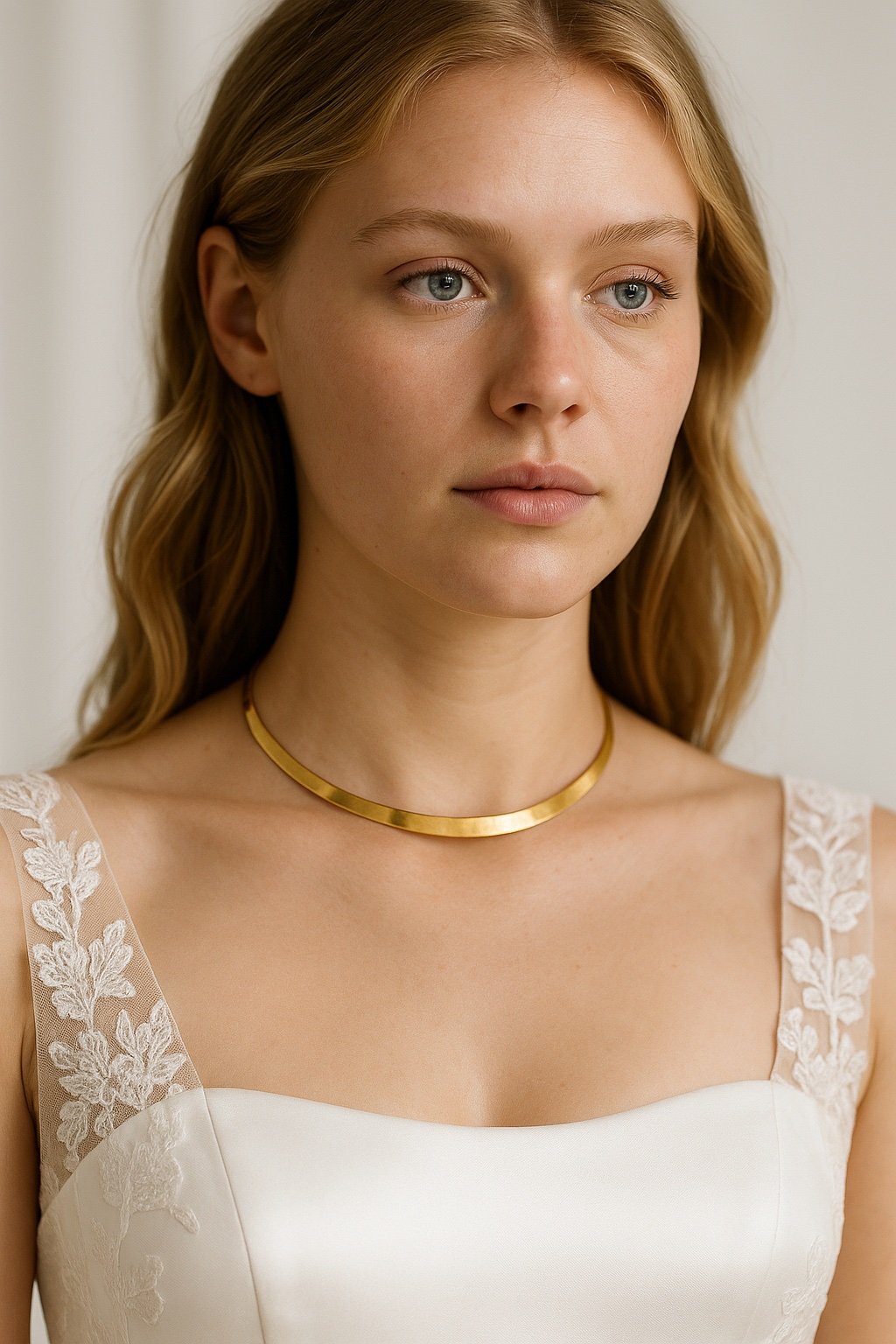 femme avec robe de marié avec collier ras du cou 